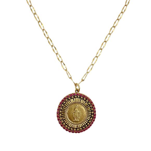 VIRGINS SAINTS & ANGELS Disco Virgin Charm Necklace Gold & Fuchsia - Picture 1 of 7